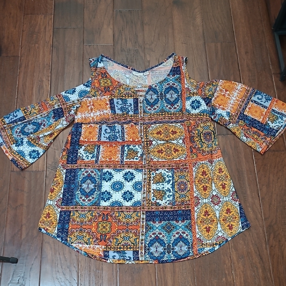Avenue Colorful Bohemian Patchwork  Cold-Shoulder Tunic Blouse size 20